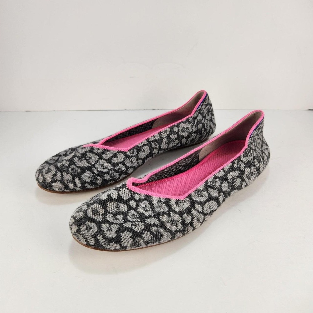 Rothy's The Flat Women's 10.5 Leopard Animal Print Knit Ballet Flats Pink Trim